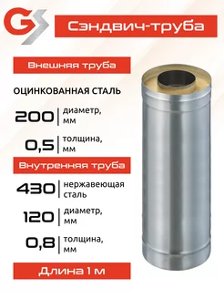 Труба-термо 1,0м, 120х200, AISI 430 Оц, 0,8мм 0,5мм